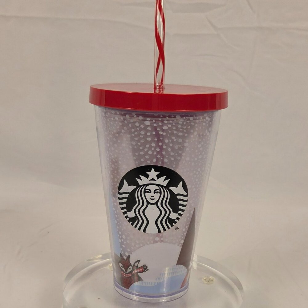 Starbucks Holiday Fox & Snowy Trees Cold Cup – Retired Design – Red Lid & Candy